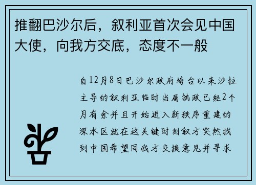 推翻巴沙尔后，叙利亚首次会见中国大使，向我方交底，态度不一般